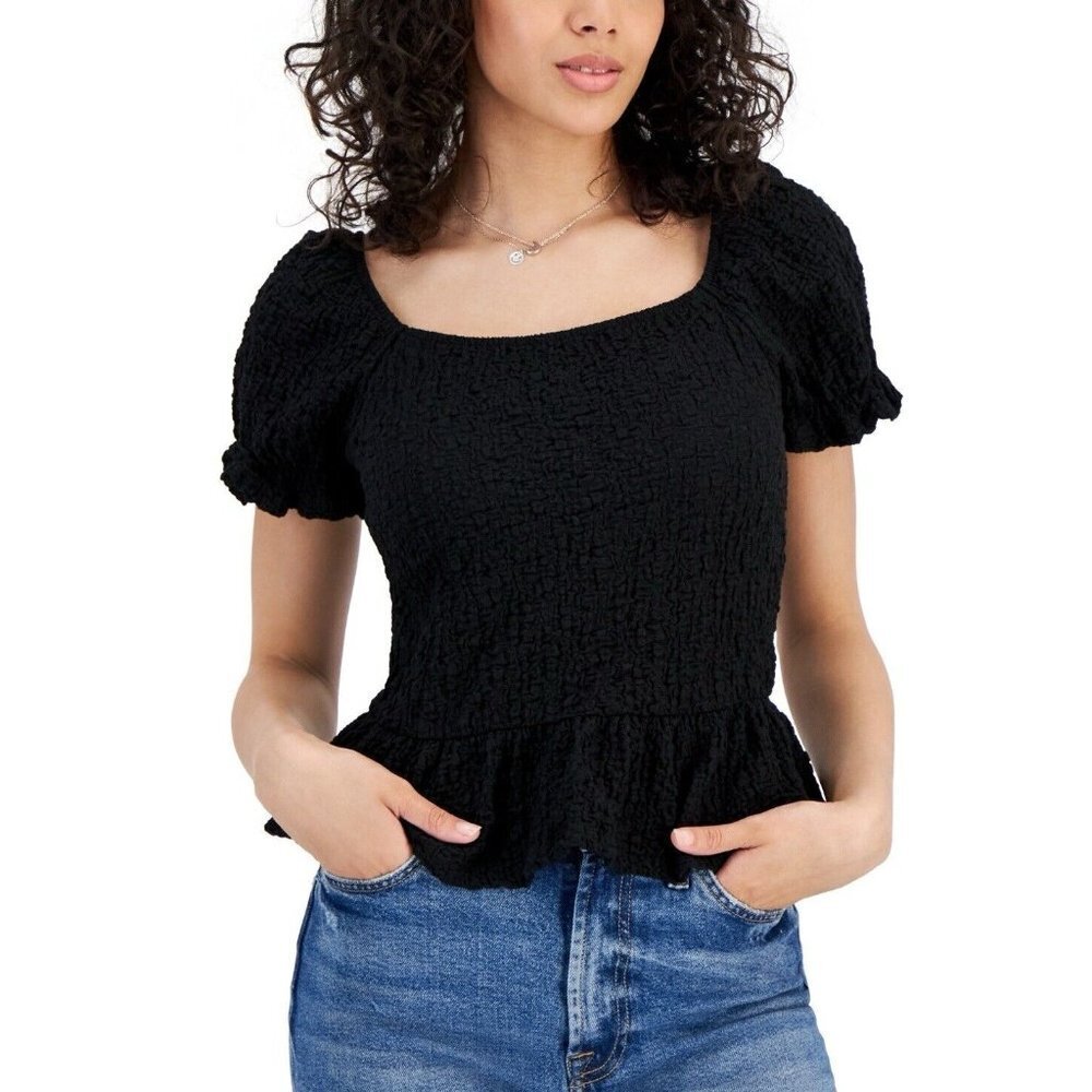 NWT Crave Fame Women’s Black Cropped Blouse Puff Sleeve  Size Large